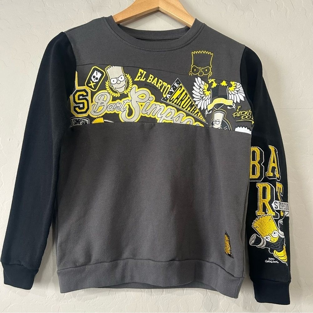 The Simpsons Bart Simpson Youth Sweatshirt 14/16 Gray Black Embroidered Sleeve